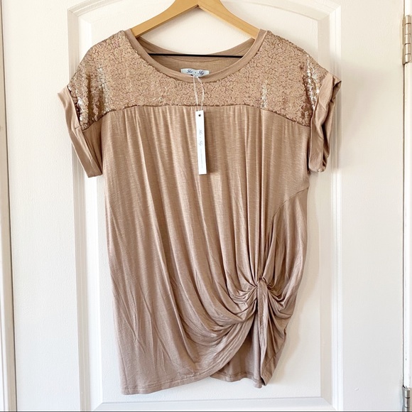 NWT SHE & SKY mocha sequined tie knot blouse - Picture 3 of 7